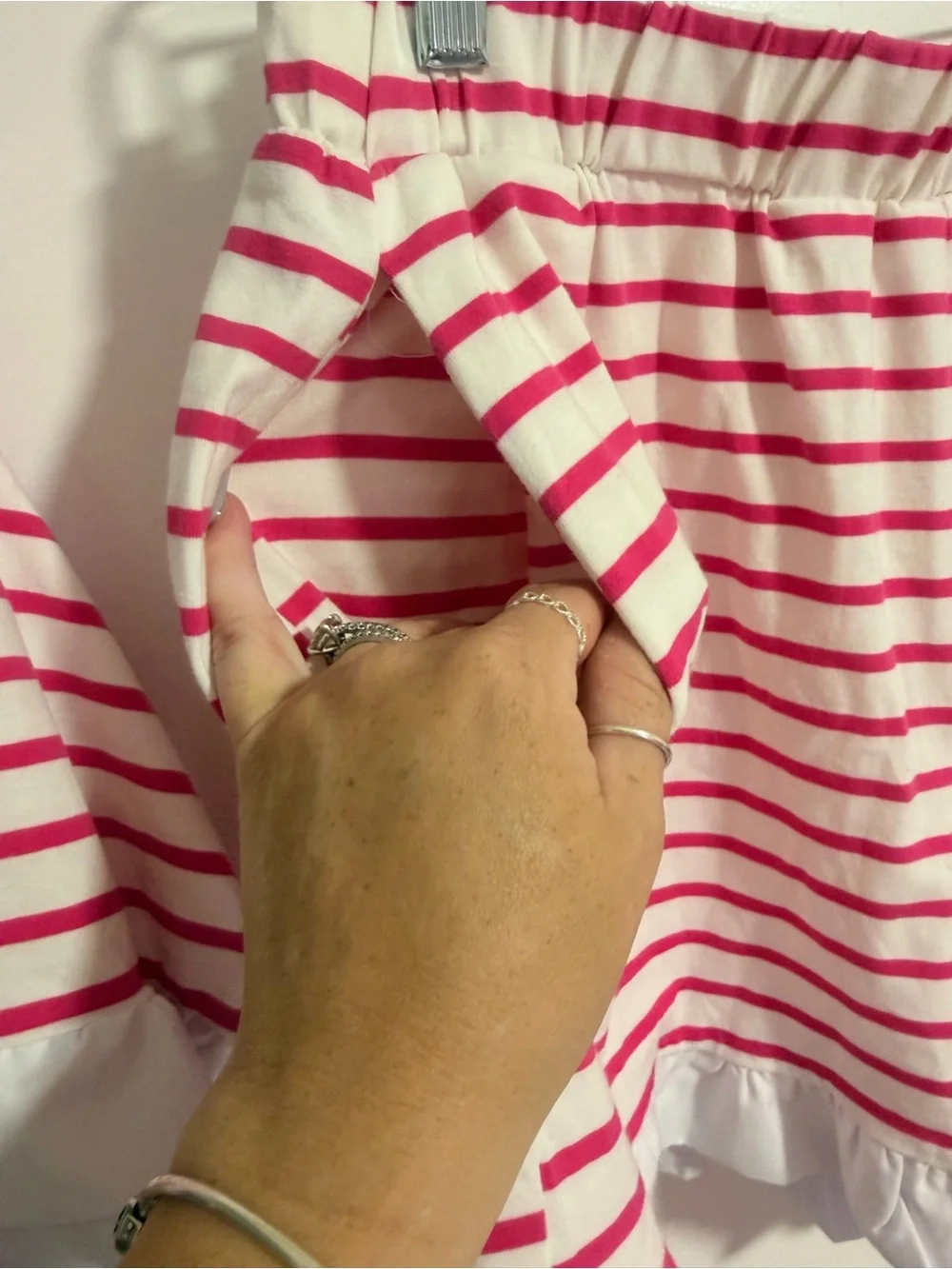 Amazon Pink & White Stripe Ruffle Short Sleeve Top and Shorts with Pockets Set